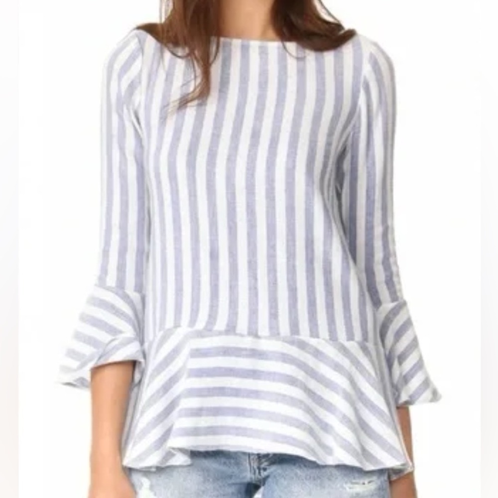 Alice + Olivia Doyle Peplum Top, Slub Linen blue stripe and trumpet sleeve